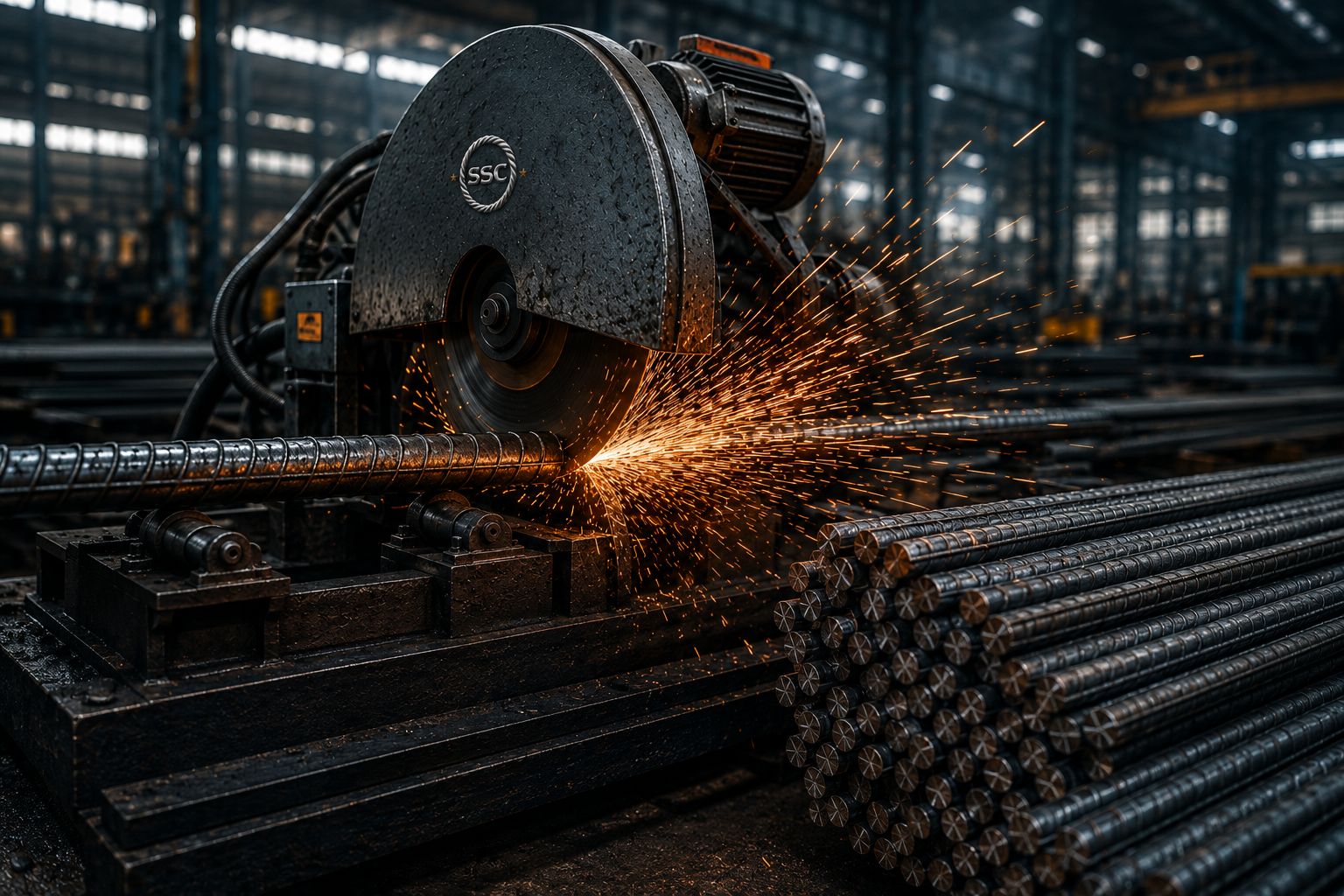 Precision steel cutting equipment in operation